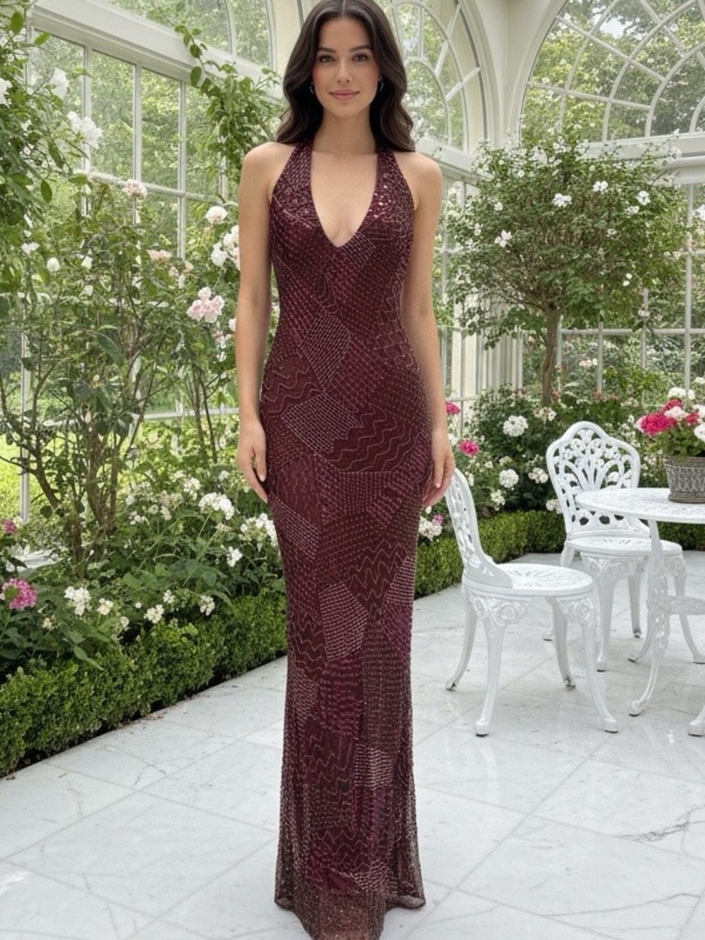 Elegant Burgundy hand beaded Sequin Halter Dress stretch fabric NWT size small